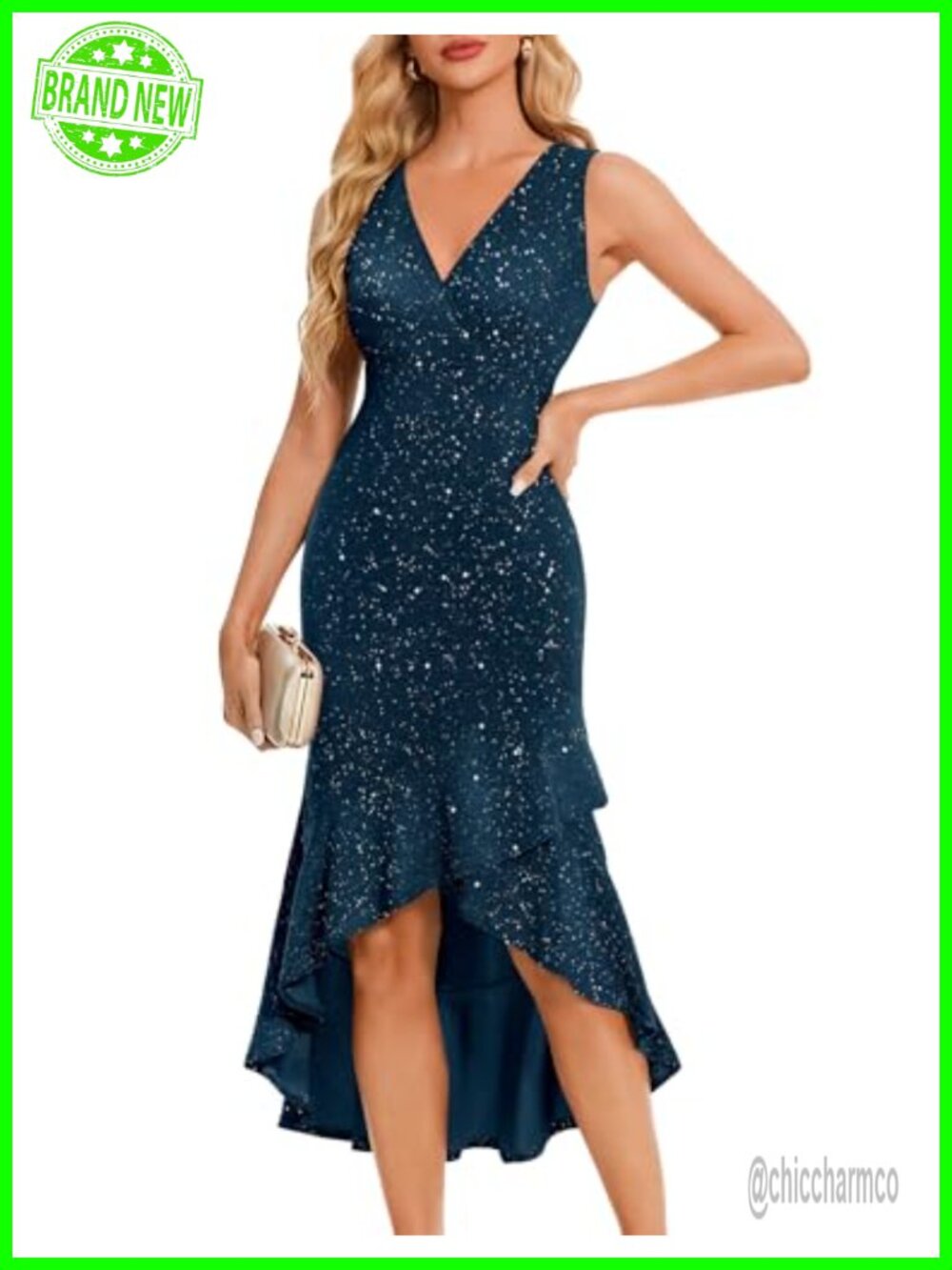 Sequin V Neck High Low Midi Cocktail Prom Dress Sleeveless Fitted